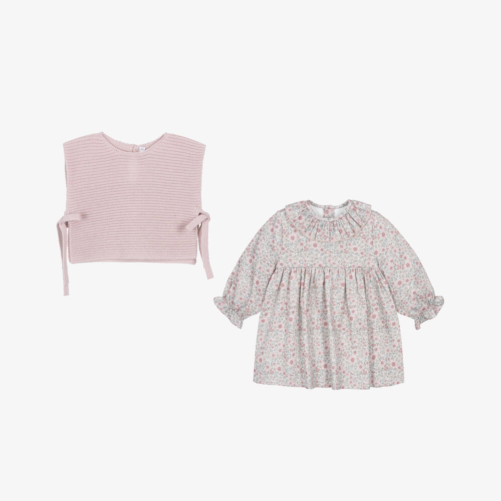 Paloma de la O-Baby Girls Pink Floral Cotton Slip-Over & Dress Set | Childrensalon Outlet