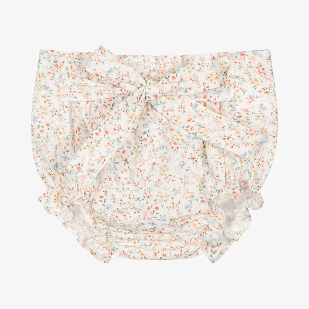 Paloma de la O - Baby Girls White Cotton Floral Shorts | Childrensalon