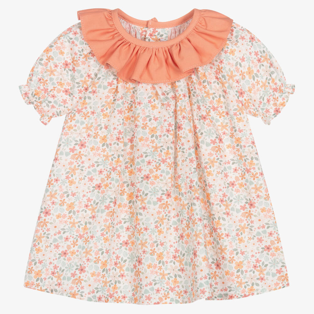 Paloma de la O - Baby Girls White & Orange Cotton Dress | Childrensalon