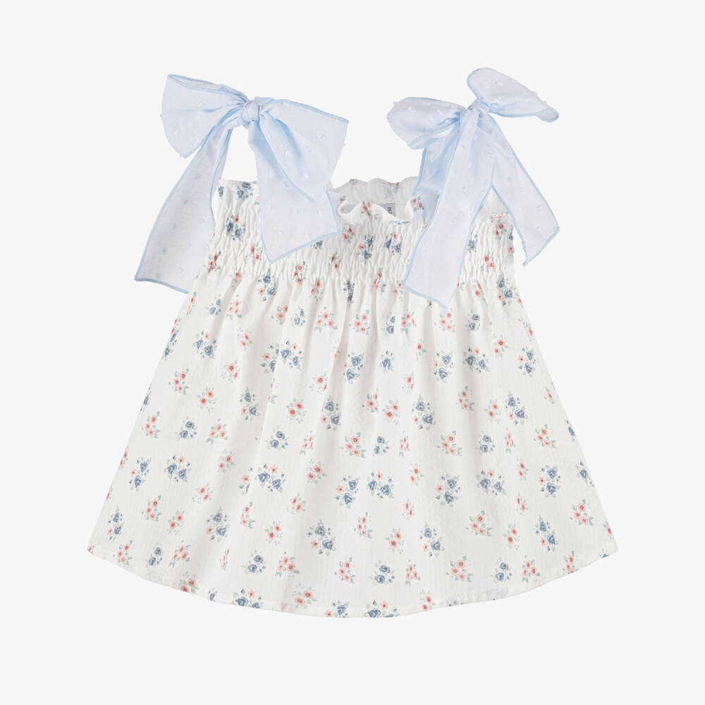 Paloma de la O-Baby Girls White & Pale Blue Floral Cotton Dress | Childrensalon Outlet