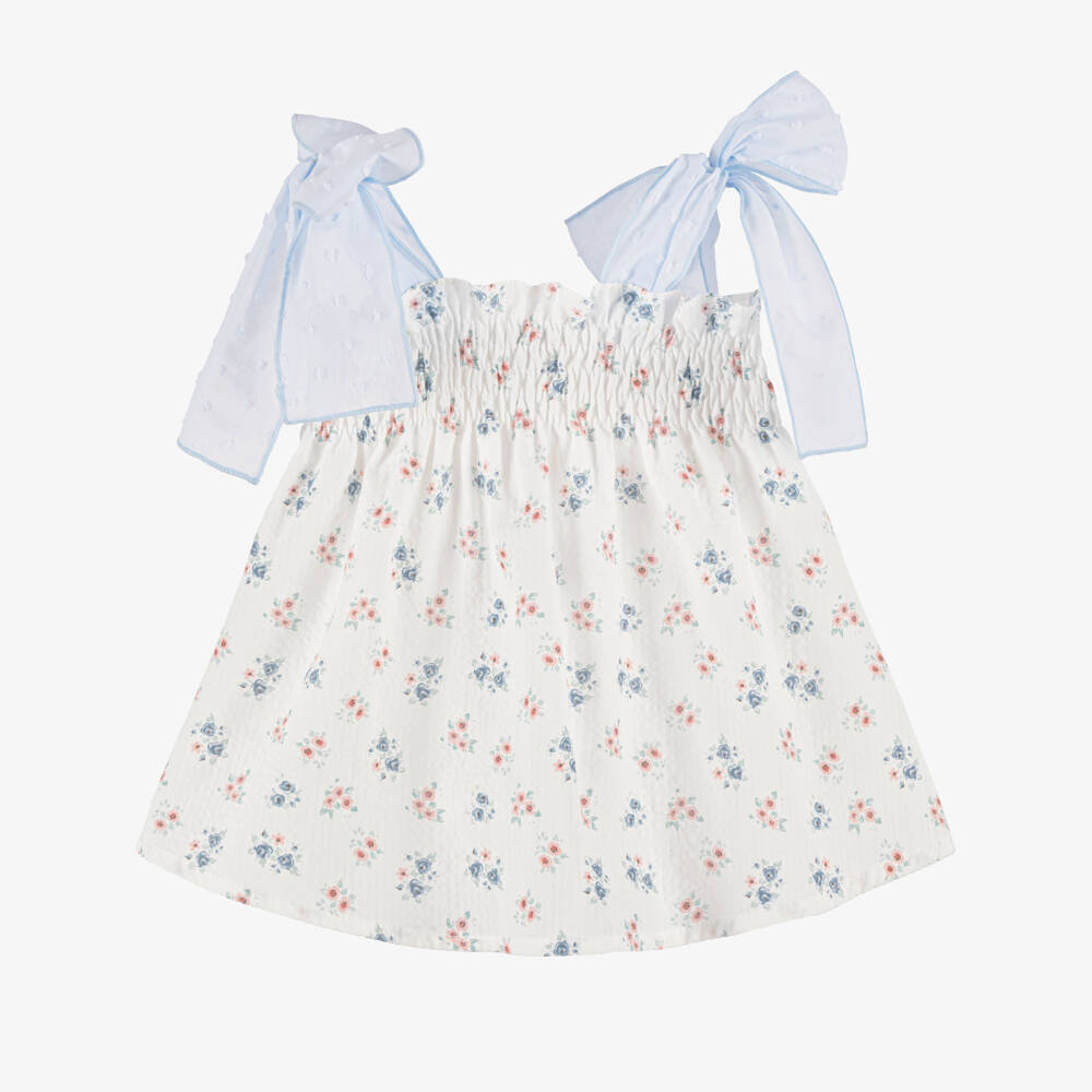 Paloma de la O-Baby Girls White & Pale Blue Floral Cotton Dress | Childrensalon Outlet