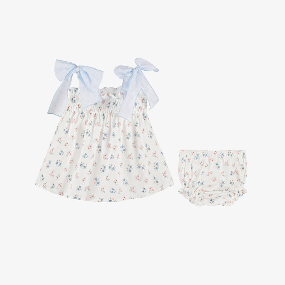 Paloma de la O-Baby Girls White & Pale Blue Floral Cotton Dress | Childrensalon Outlet
