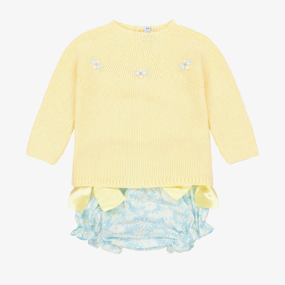 Paloma de la O - Baby Girls Yellow & Blue Cotton Shorts Set | Childrensalon