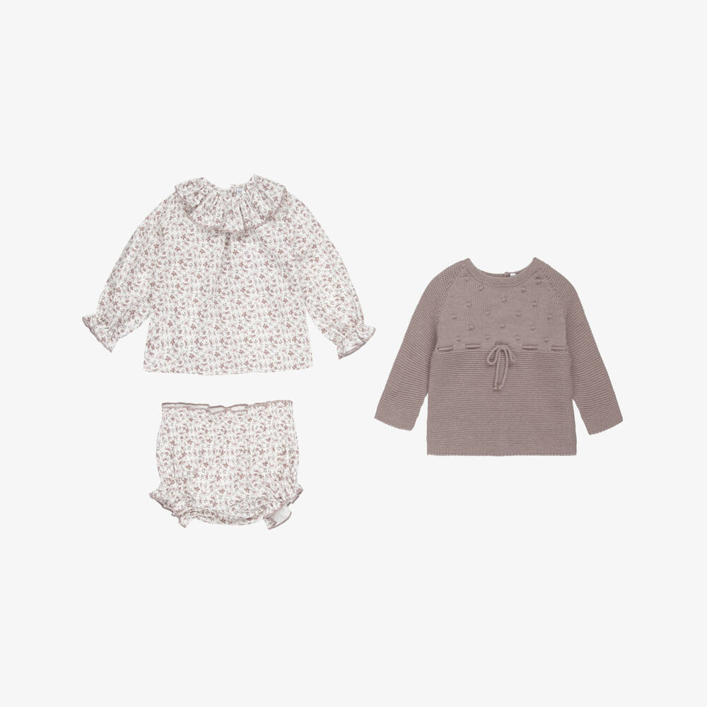 Paloma de la O-Beige Knit And Floral Short Set | Childrensalon Outlet