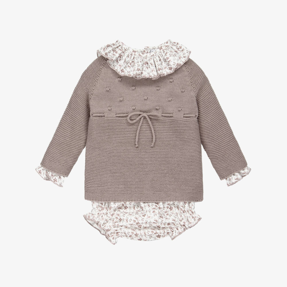 Paloma de la O-Beige Knit And Floral Short Set | Childrensalon Outlet