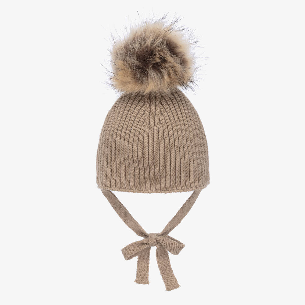 Paloma de la O - Beige Knitted Pom-Pom Hat | Childrensalon