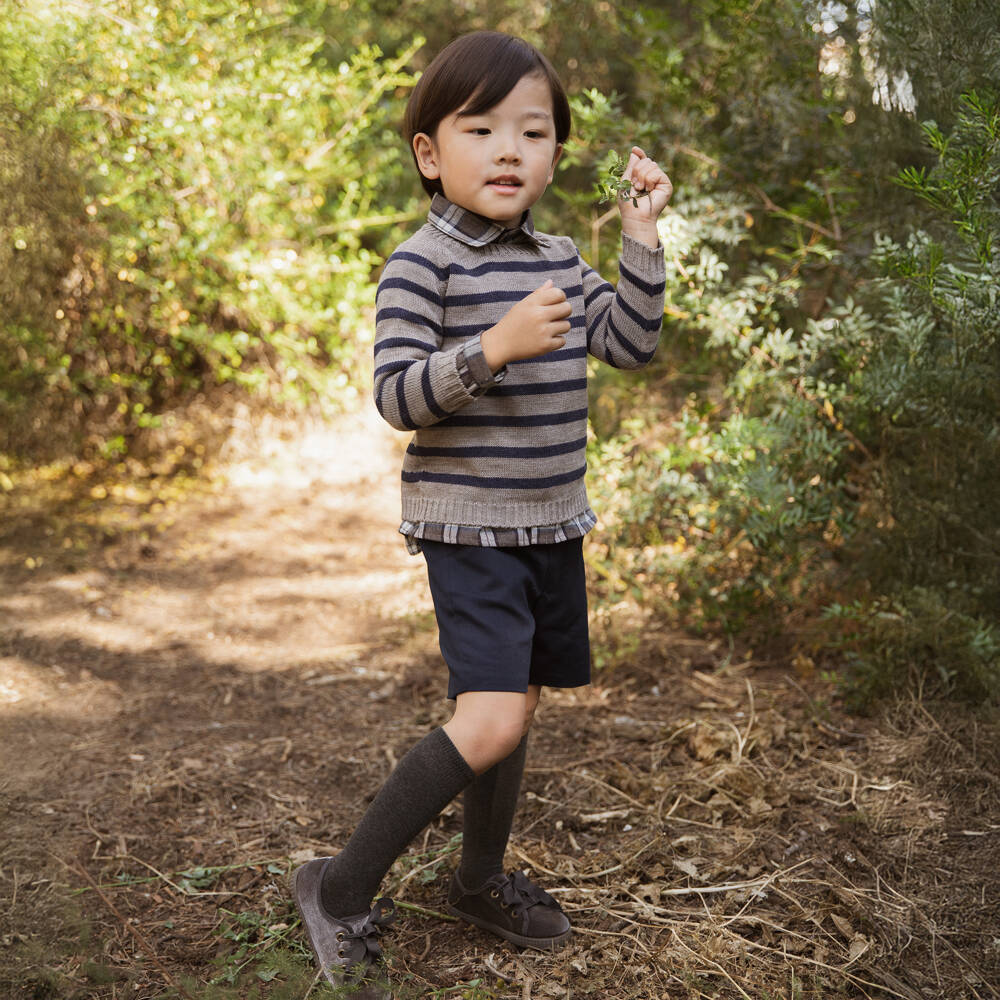 Paloma de la O-Beige & Navy Stripe Shorts And Shirt & Sweater Set | Childrensalon Outlet