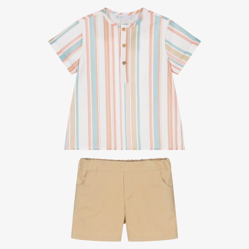 Paloma de la O-Beige & Pink Striped Boys' Summer Set | Childrensalon Outlet