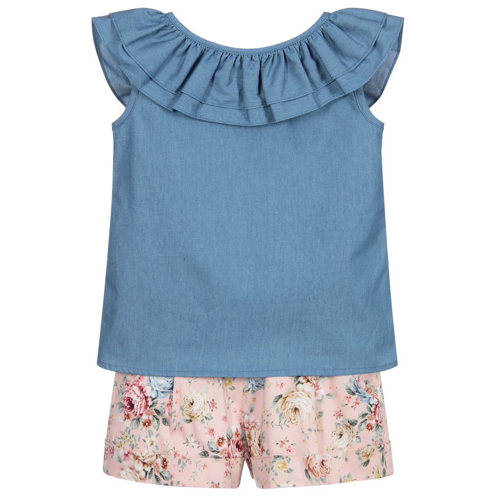 Paloma de la O - Blue Blouse & Pink Shorts Set | Childrensalon