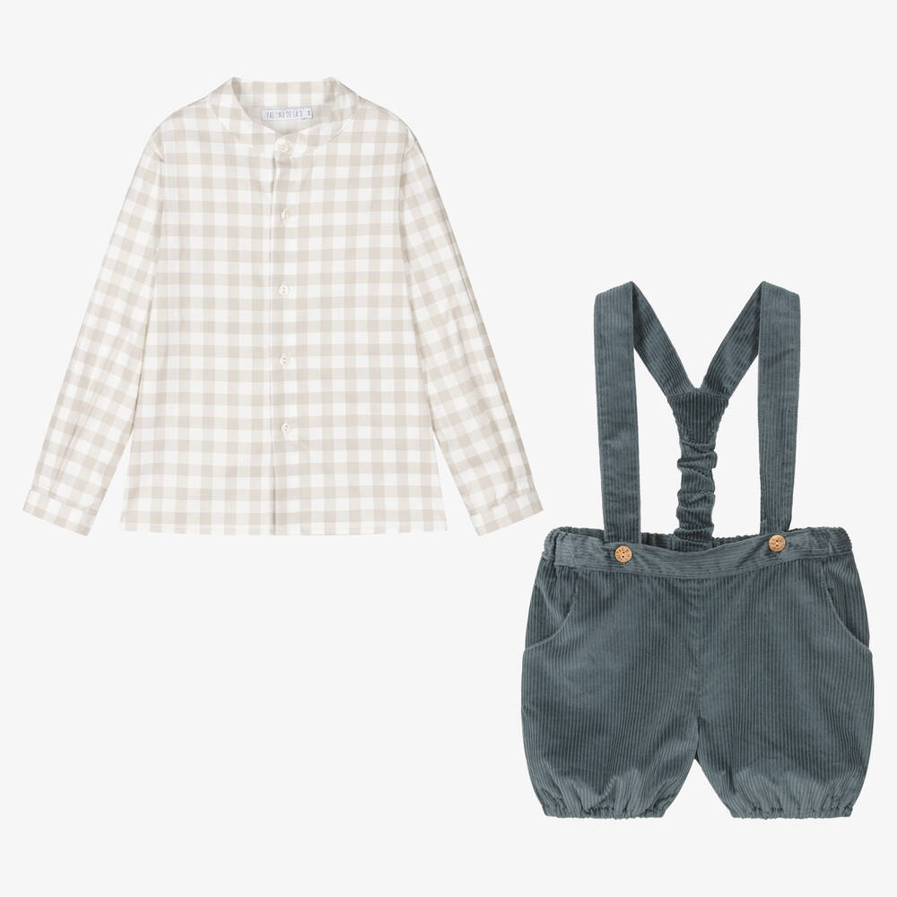 Paloma de la O-Boys Beige & Blue Corduroy Shorts Set | Childrensalon Outlet