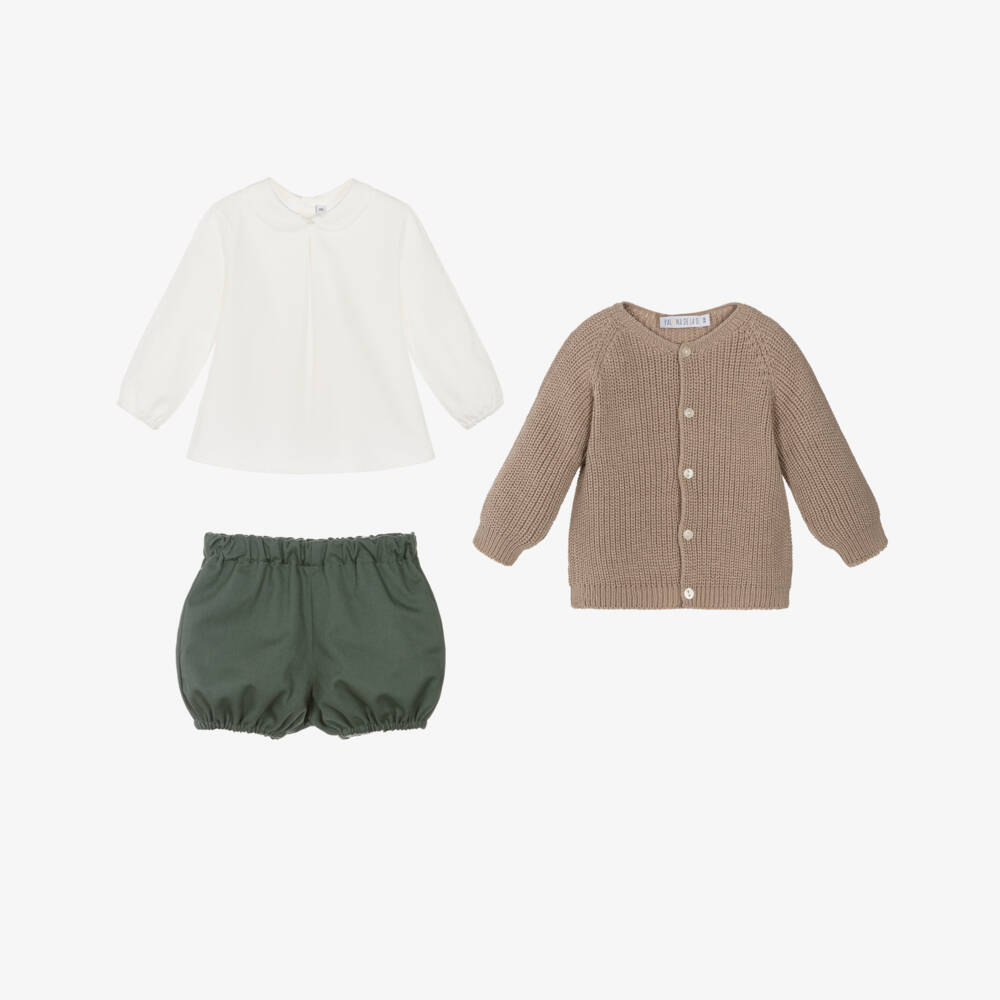 Paloma de la O-Boys Beige Cardigan & Green Cotton Shorts Set | Childrensalon Outlet