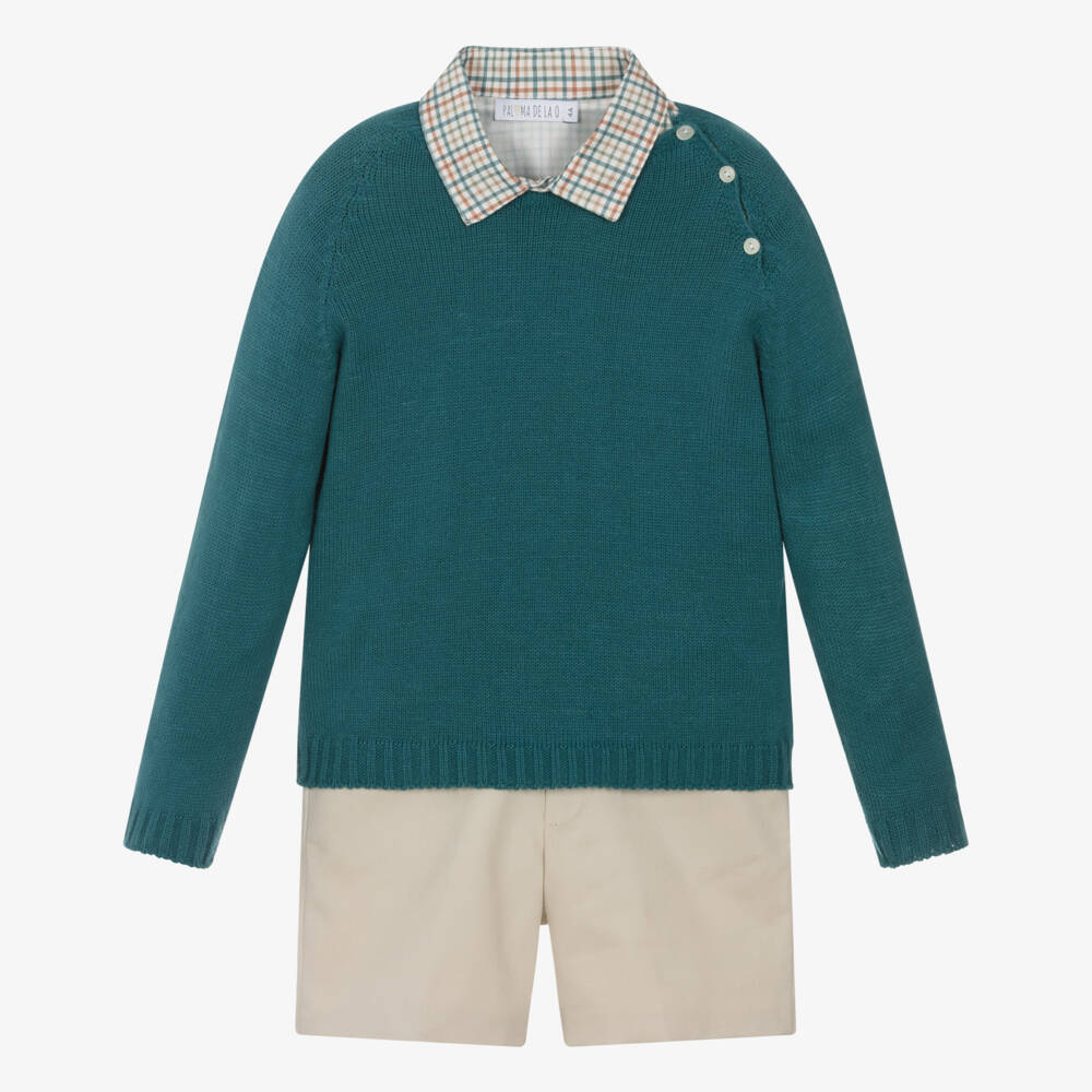 Paloma de la O-Boys Beige & Check Cotton Shorts Set with Sweater | Childrensalon Outlet