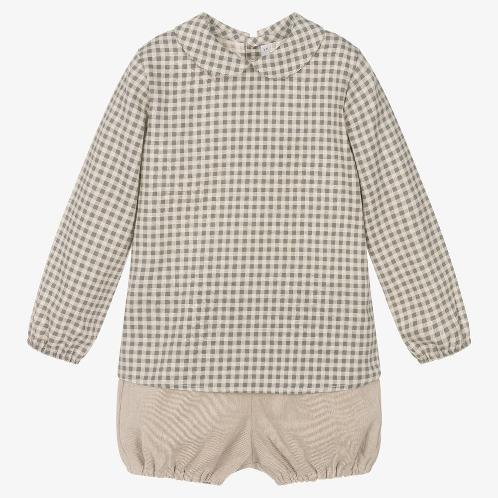 Paloma de la O-Boys Beige Check Shorts Set | Childrensalon Outlet