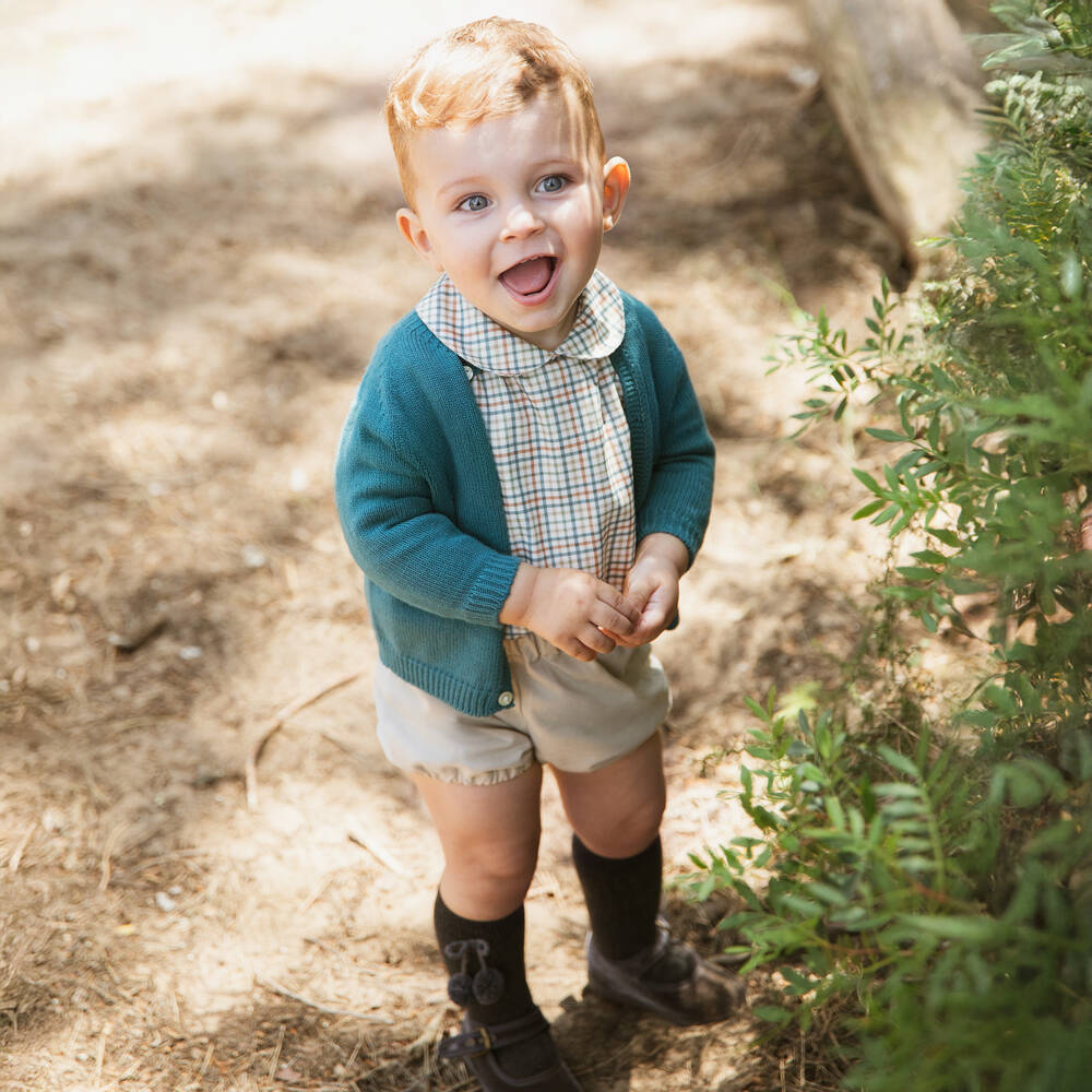 Paloma de la O-Boys Beige Check Shorts Set with Green Knitted Cardigan | Childrensalon Outlet