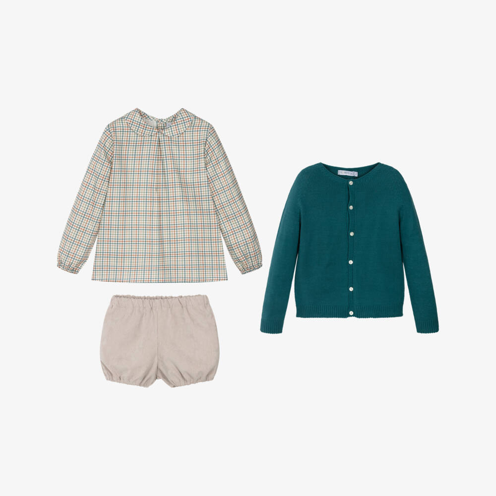 Paloma de la O-Boys Beige Check Shorts Set with Green Knitted Cardigan | Childrensalon Outlet