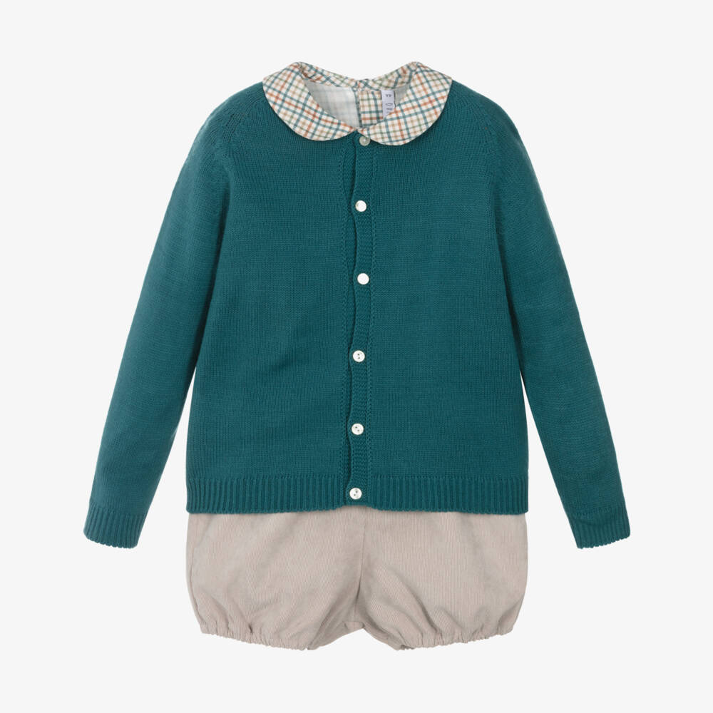 Paloma de la O-Boys Beige Check Shorts Set with Green Knitted Cardigan | Childrensalon Outlet
