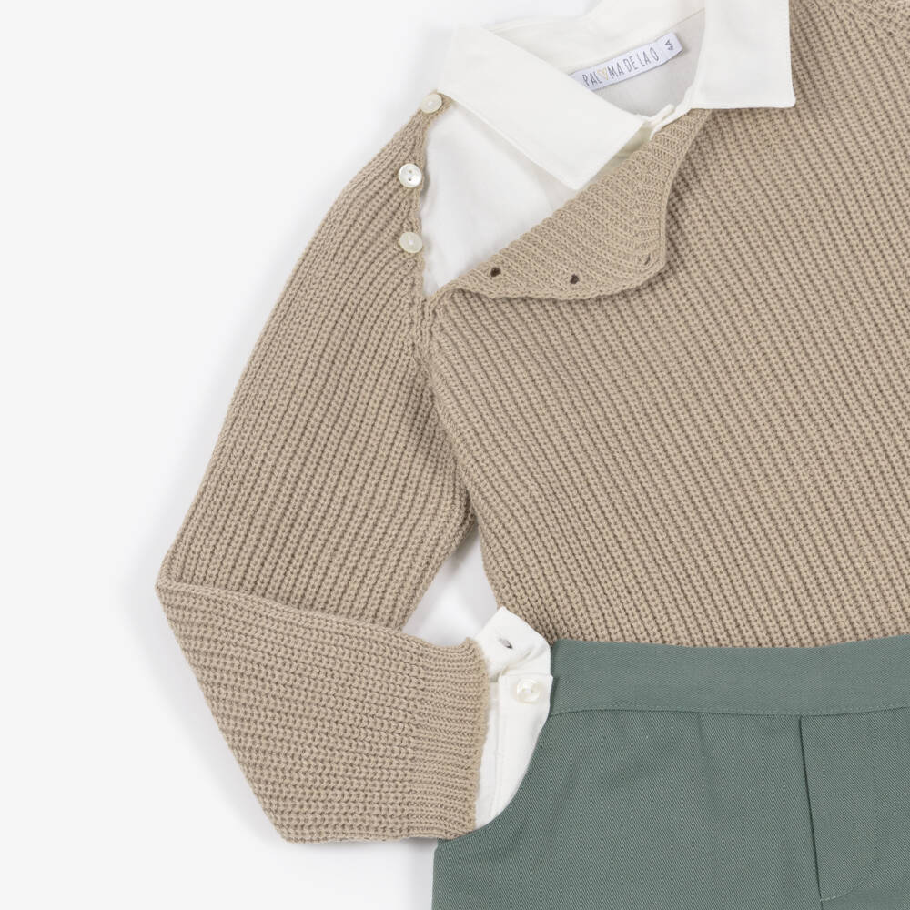 Paloma de la O-Boys Beige & Green Cotton Shorts Set | Childrensalon Outlet