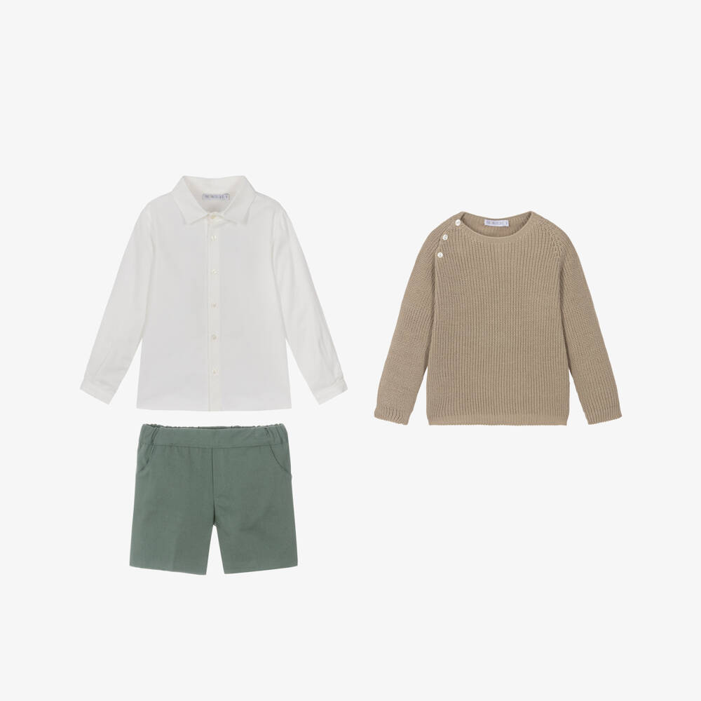 Paloma de la O-Boys Beige & Green Cotton Shorts Set | Childrensalon Outlet