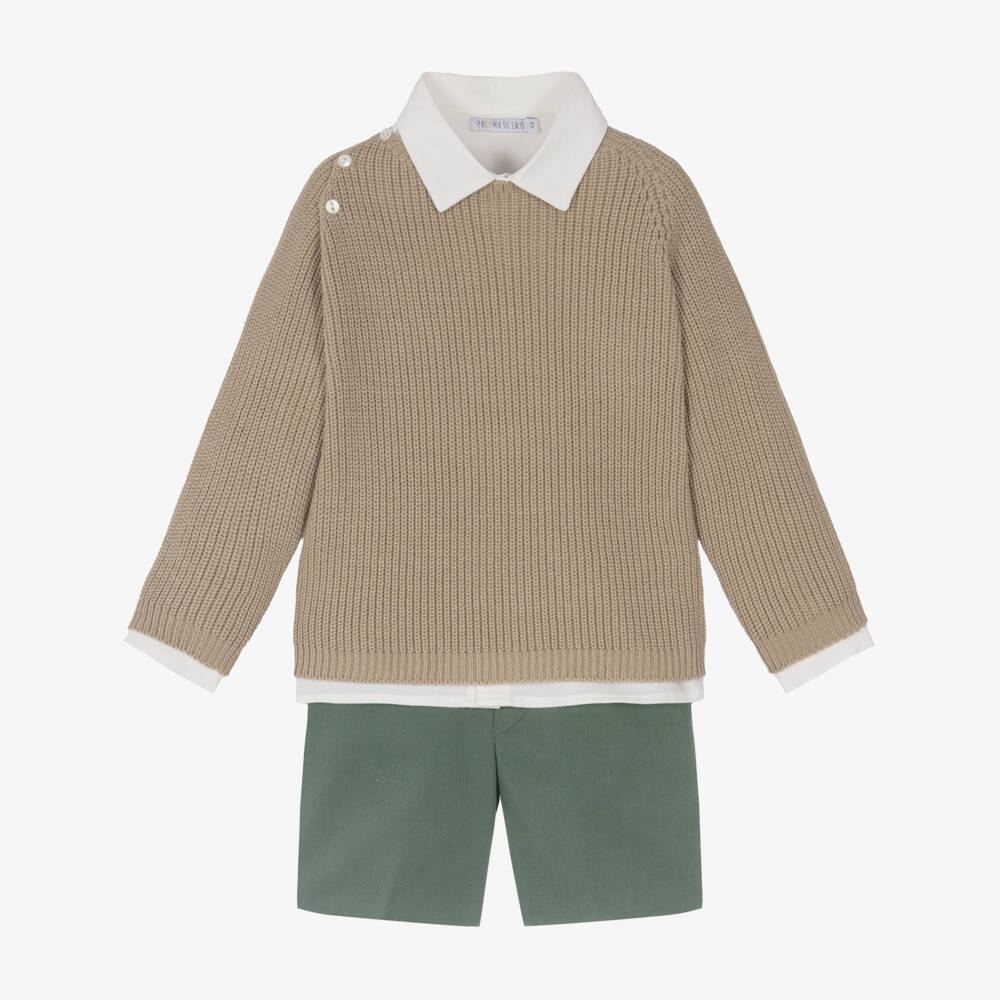 Paloma de la O-Boys Beige & Green Cotton Shorts Set | Childrensalon Outlet