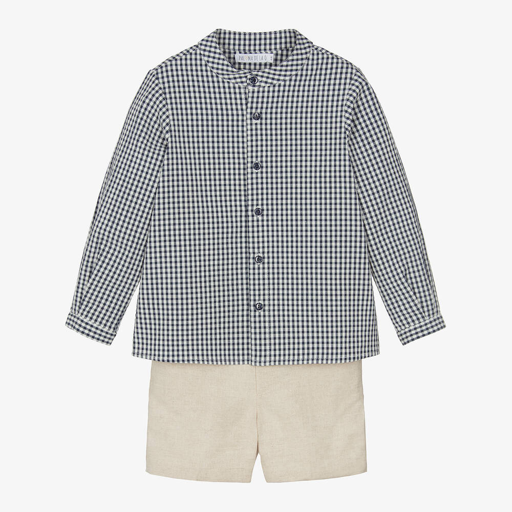 Paloma de la O-Boys Blue Check Shirt & Beige Shorts Set | Childrensalon Outlet