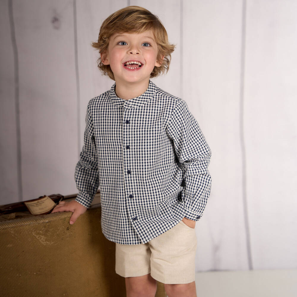 Paloma de la O-Boys Blue Check Shirt & Beige Shorts Set | Childrensalon Outlet