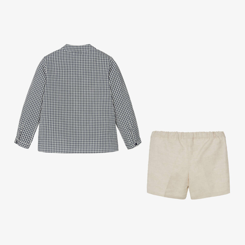 Paloma de la O-Boys Blue Check Shirt & Beige Shorts Set | Childrensalon Outlet