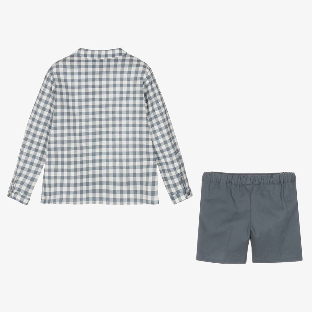 Paloma de la O-Boys Blue Cotton Check Shorts Set | Childrensalon Outlet