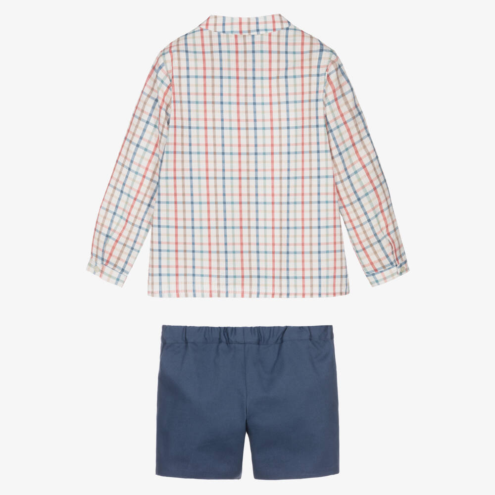 Paloma de la O-Boys Blue Cotton Checked Shorts Set | Childrensalon Outlet
