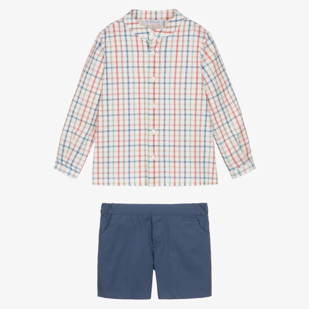 Paloma de la O-Boys Blue Cotton Checked Shorts Set | Childrensalon Outlet