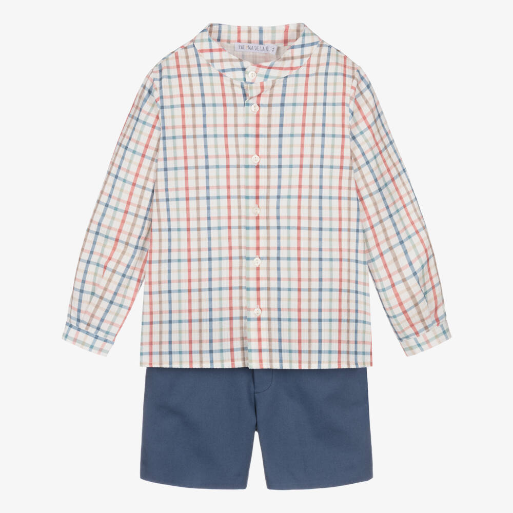 Paloma de la O-Boys Blue Cotton Checked Shorts Set | Childrensalon Outlet