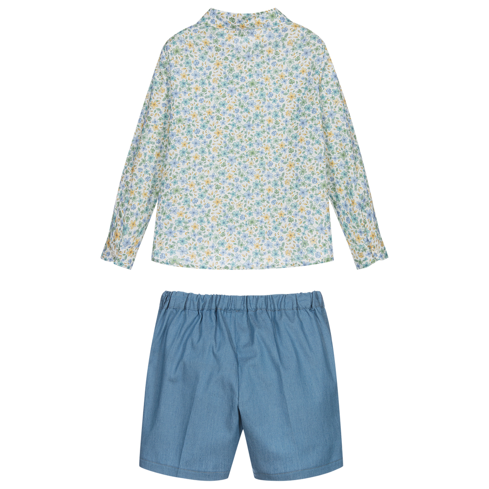 Paloma de la O-طقم شورت قطن للأولاد لون أزرق بطبعة ورورد | Childrensalon Outlet