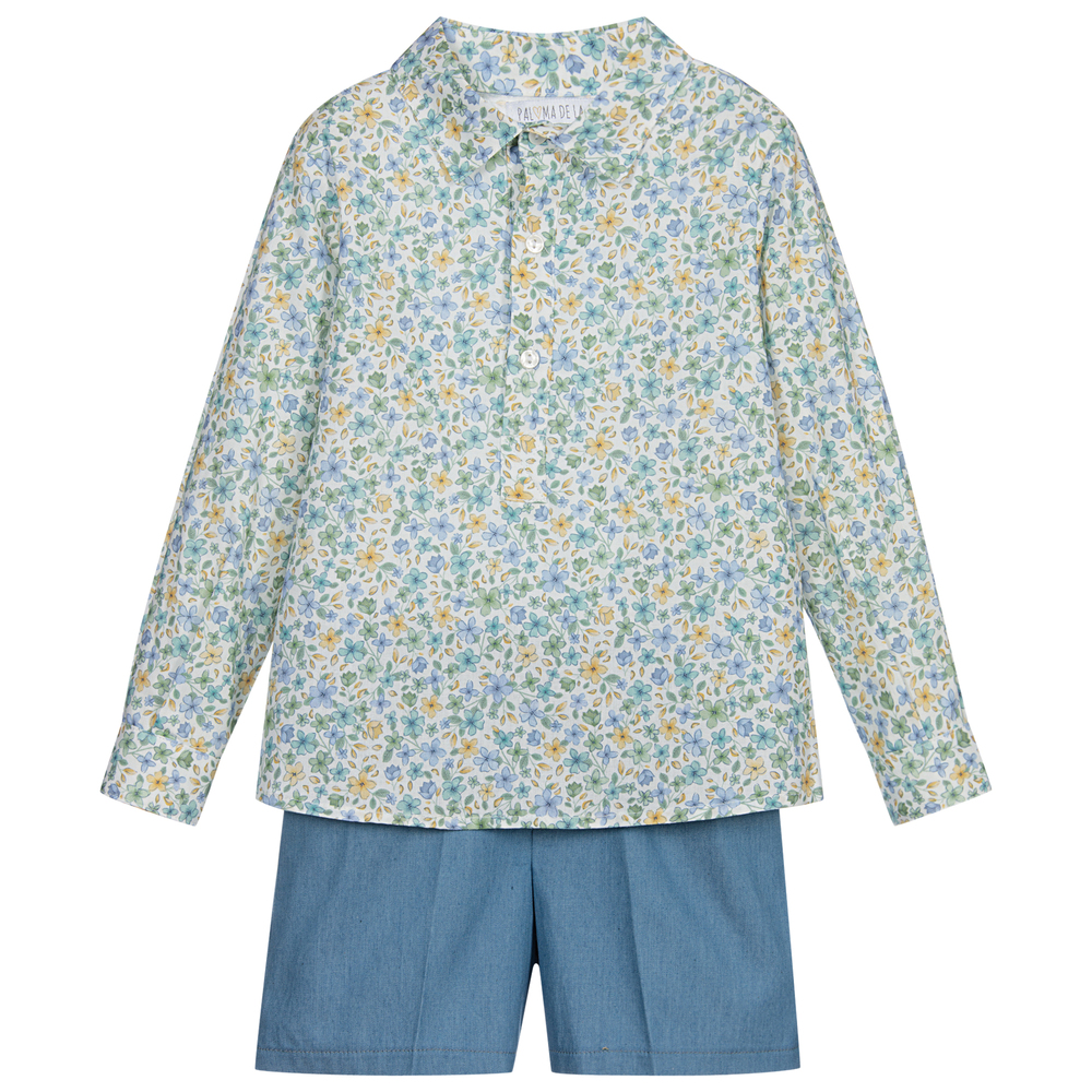 Paloma de la O - Boys Blue Floral Shorts Set | Childrensalon