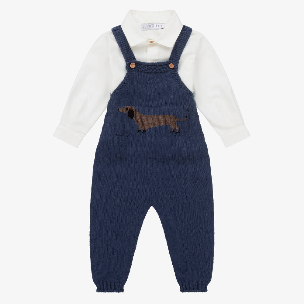 Paloma de la O - Boys Blue Knit Dungarees Set | Childrensalon