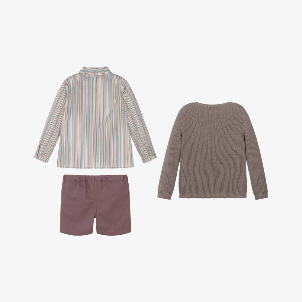 Paloma de la O-Boys Brown Knit Sweater & Purple Cotton Shorts Set | Childrensalon Outlet