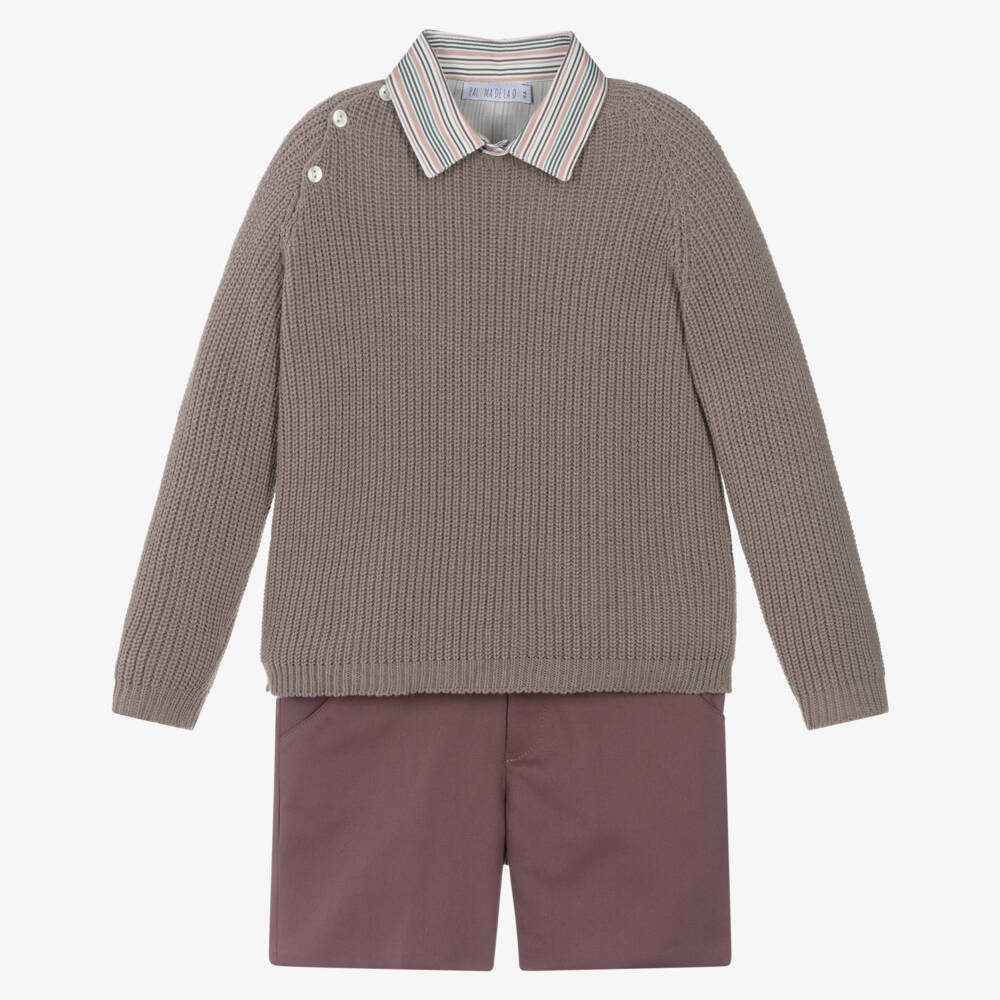 Paloma de la O-Boys Brown Knit Sweater & Purple Cotton Shorts Set | Childrensalon Outlet