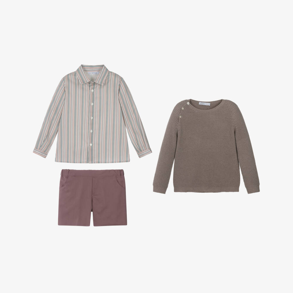 Paloma de la O-Boys Brown Knit Sweater & Purple Cotton Shorts Set | Childrensalon Outlet