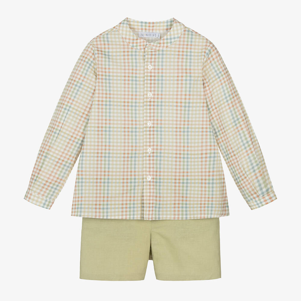 Paloma de la O-Boys Checked Shirt & Green Shorts Set | Childrensalon Outlet