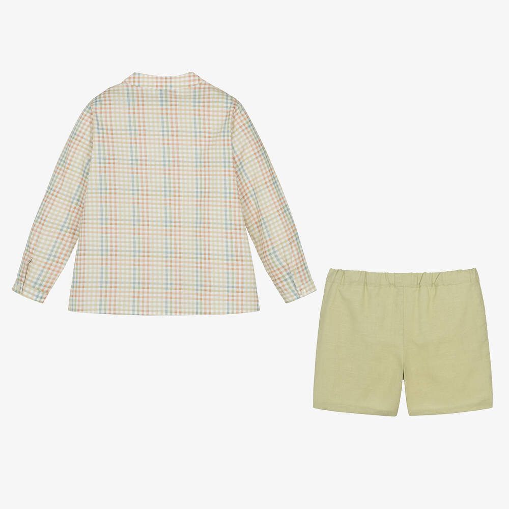 Paloma de la O-Boys Checked Shirt & Green Shorts Set | Childrensalon Outlet