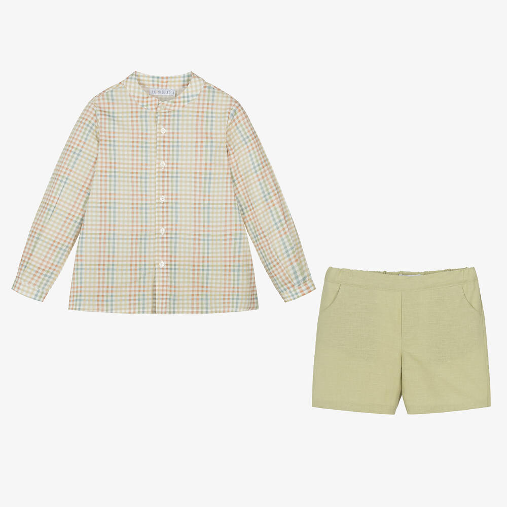 Paloma de la O-Boys Checked Shirt & Green Shorts Set | Childrensalon Outlet