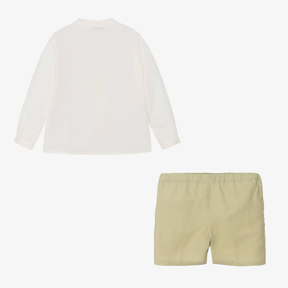 Paloma de la O-طقم شورت قطن وكتان لون أخضر وعاجي للأولاد | Childrensalon Outlet