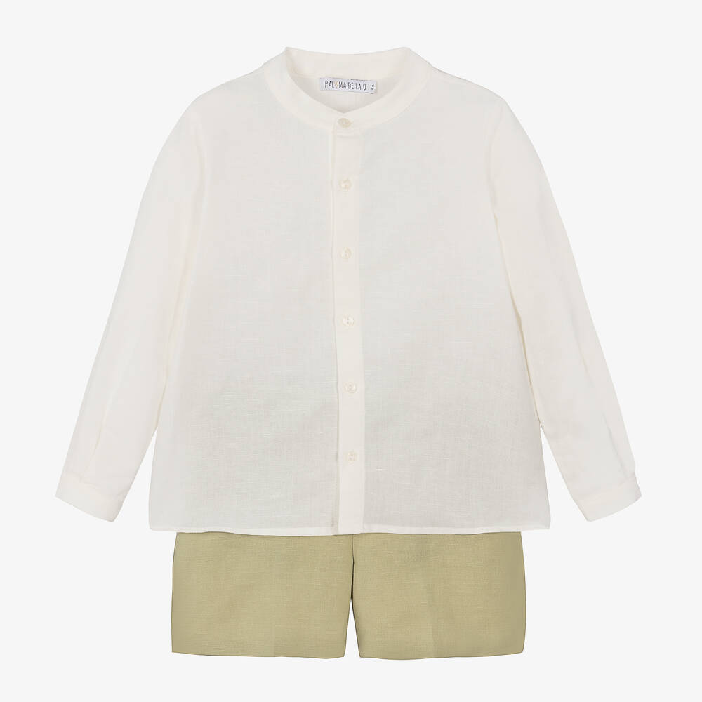Paloma de la O-Boys Green Cotton & Linen Shorts Set | Childrensalon Outlet
