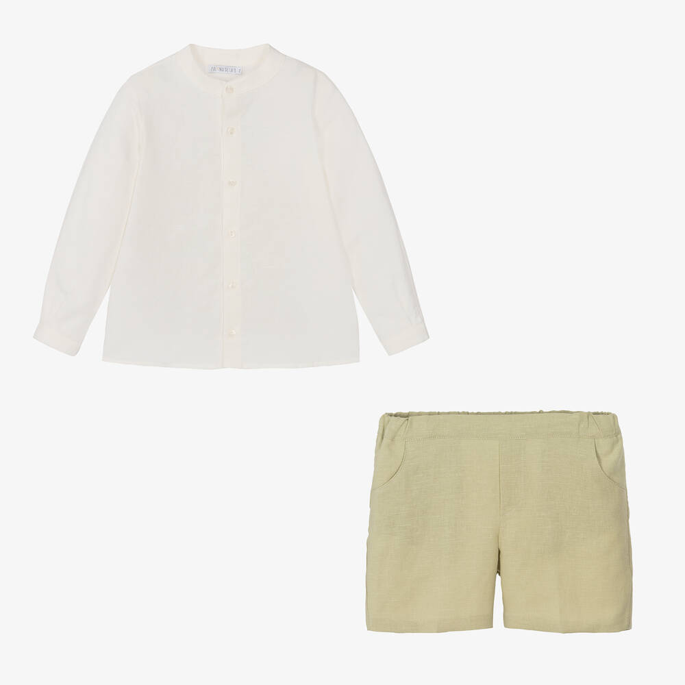 Paloma de la O-طقم شورت قطن وكتان لون أخضر وعاجي للأولاد | Childrensalon Outlet