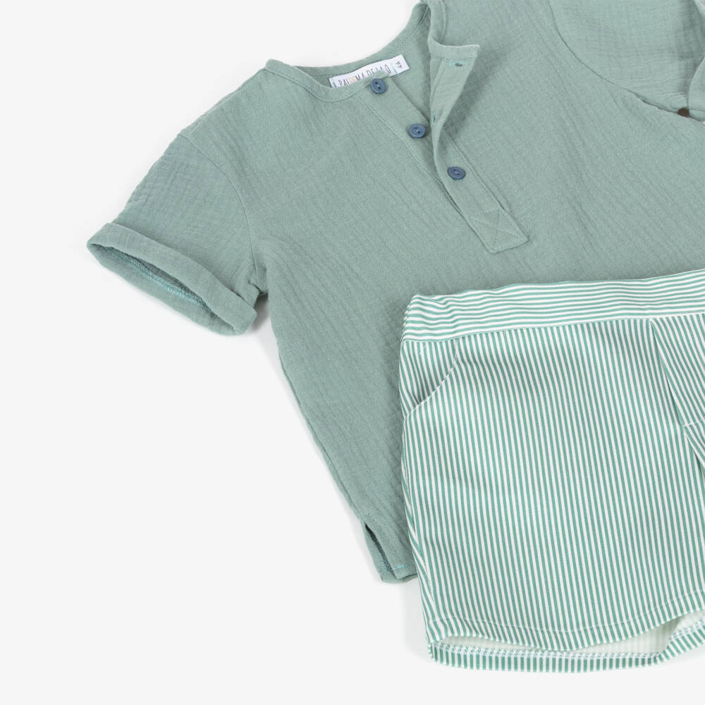 Paloma de la O-Boys Green Muslin Shirt & Striped Short Set | Childrensalon Outlet