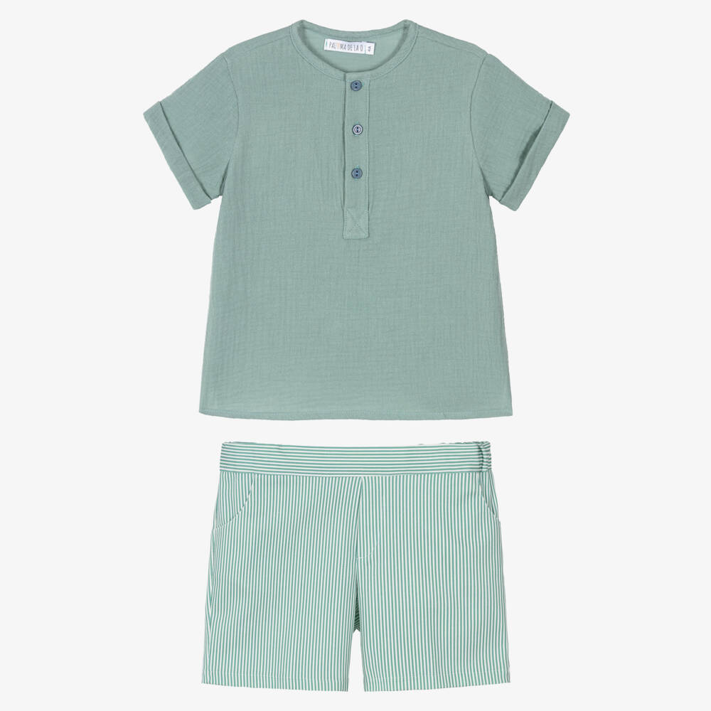 Paloma de la O-Boys Green Muslin Shirt & Striped Short Set | Childrensalon Outlet