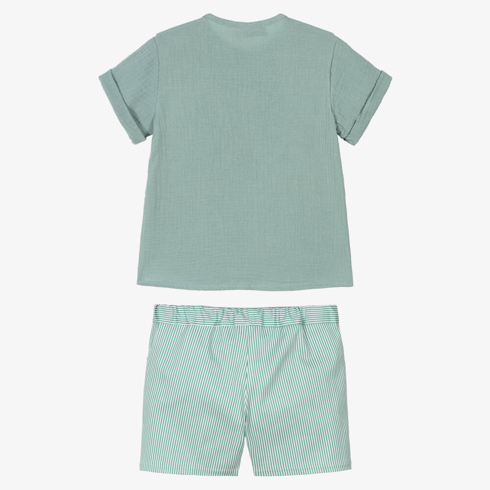 Paloma de la O-Boys Green Muslin Shirt & Striped Short Set | Childrensalon Outlet