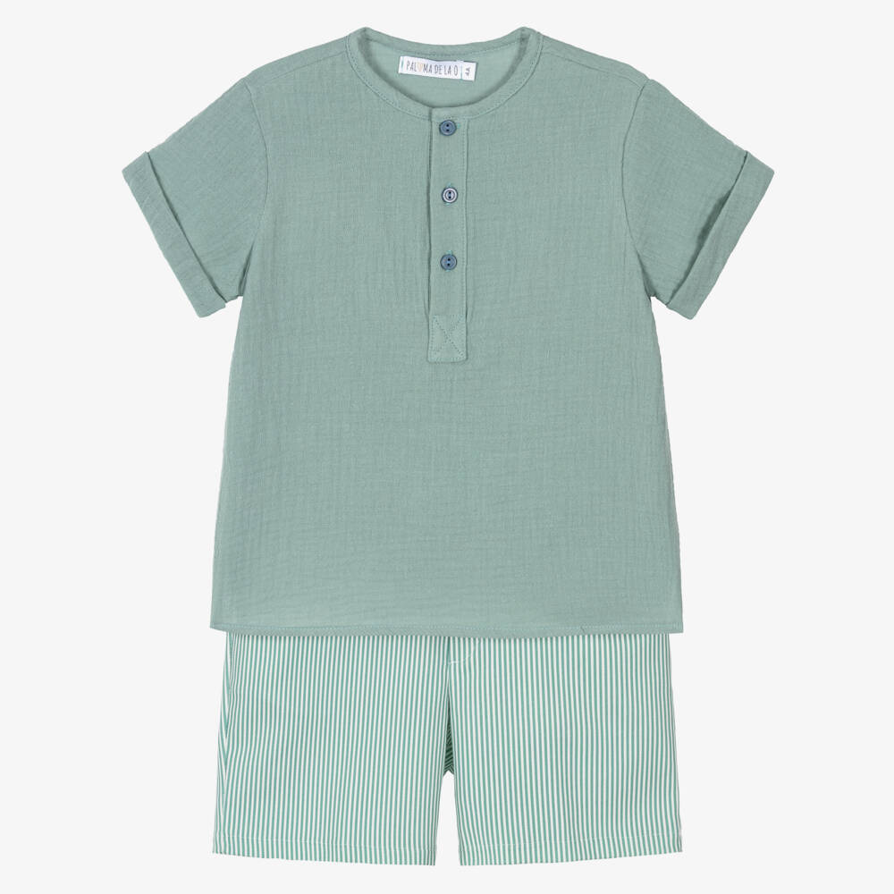 Paloma de la O-Boys Green Muslin Shirt & Striped Short Set | Childrensalon Outlet