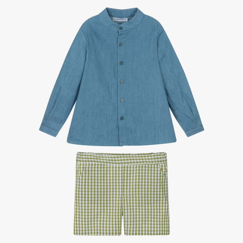 Paloma de la O-طقم شورت قطني بنقشة مربعات خضراء للأولاد | Childrensalon Outlet