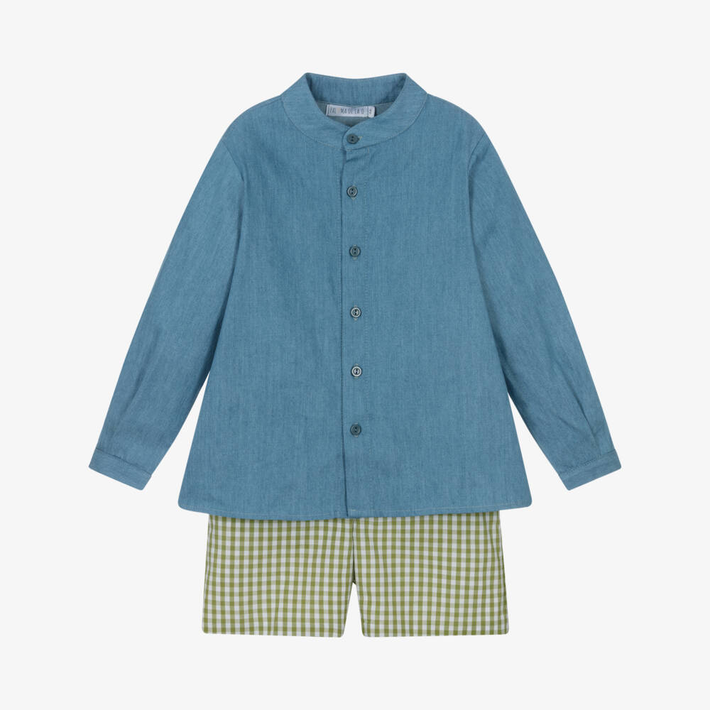 Paloma de la O-طقم شورت قطني بنقشة مربعات خضراء للأولاد | Childrensalon Outlet