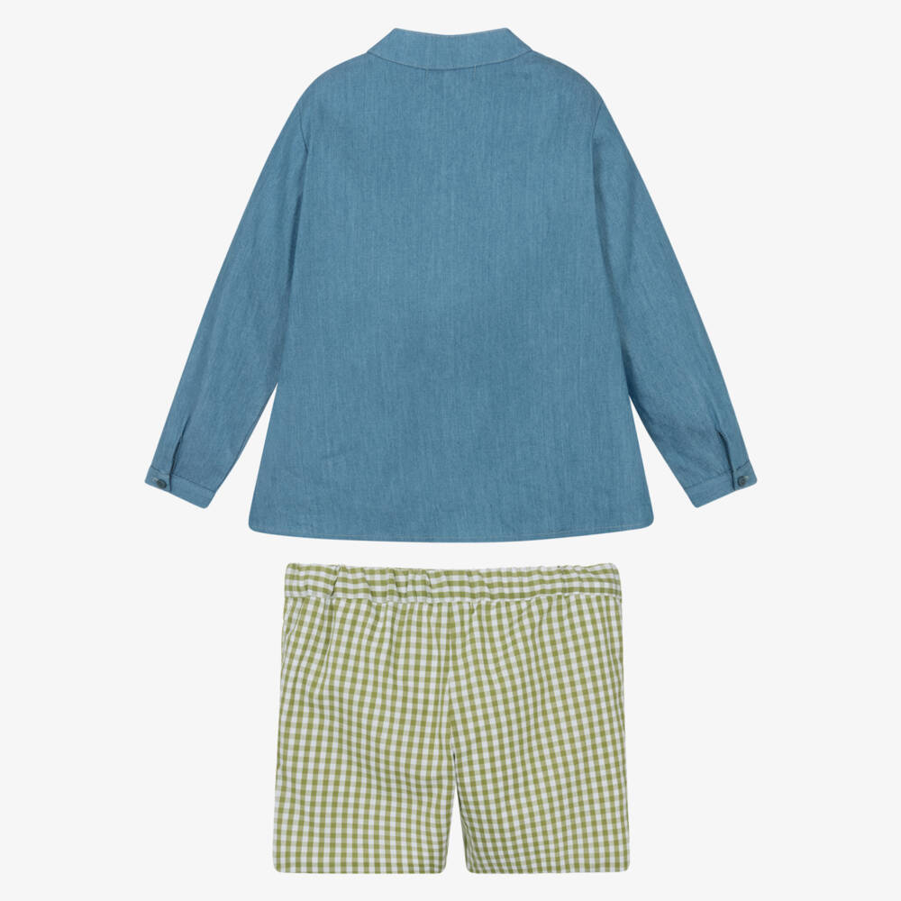 Paloma de la O-طقم شورت قطني بنقشة مربعات خضراء للأولاد | Childrensalon Outlet