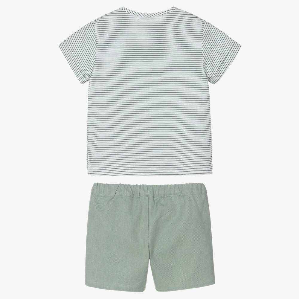 Paloma de la O-Boys Green Striped Cotton Shirt & Shorts Set | Childrensalon Outlet
